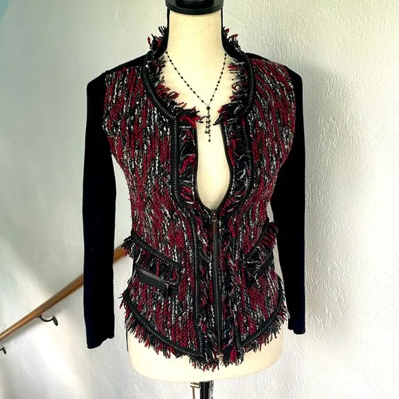 Cache Vintage Blazer Black and Cranberry and Silver Bucle’ Front zips Size M - Picture 1 of 6